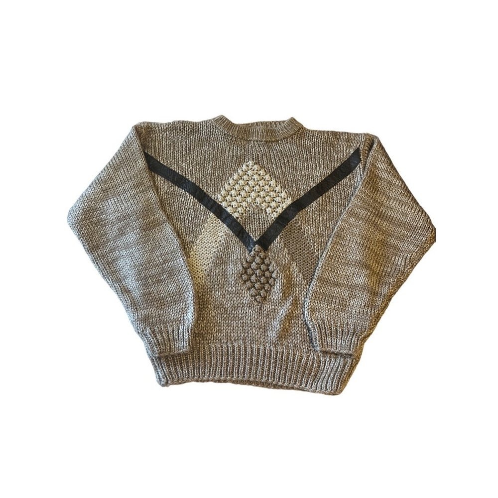 VINTAGE 1990's Chunky Knit Leather Detail Grey Brown Sweater L XL